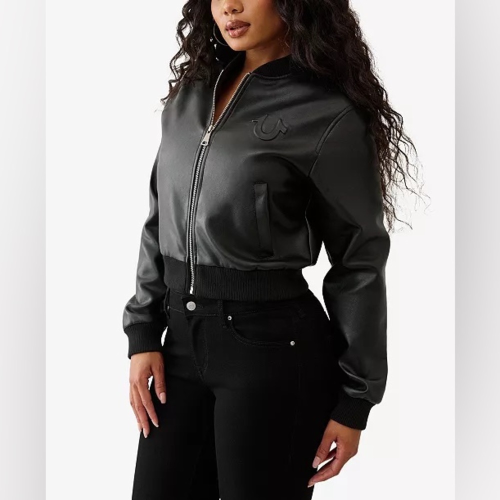 True Religion Womens Leather Bomber Jacket